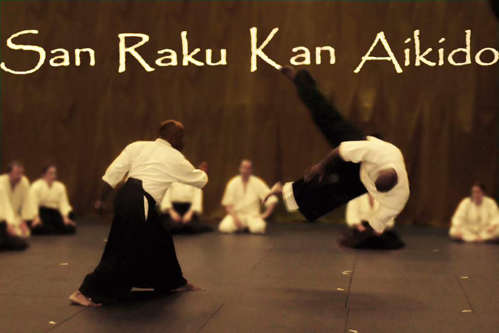 San Raku Kan Aikido Banner Sensei throwing another sensei across the mat Students Kneel background